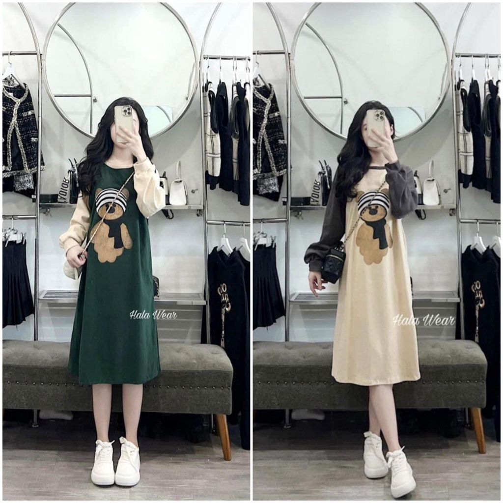 Đầm suông dài tay form rộng in gấu phối tay,váy suông dài tay bo chất cotton