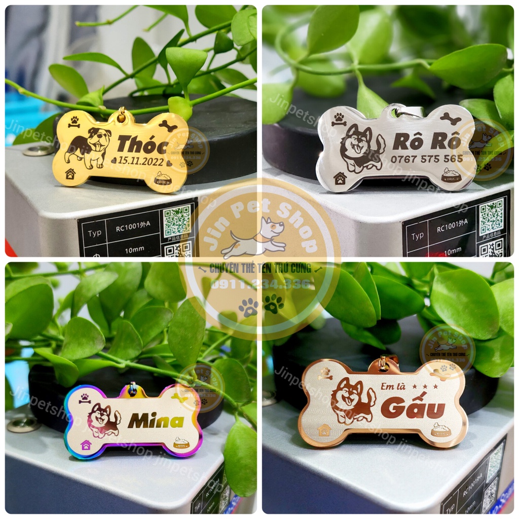 Thẻ Tên Thú Cưng - Thẻ Tên Chó Mèo - Thẻ Tên Hình Xương Inox Khắc Laser 2 Mặt