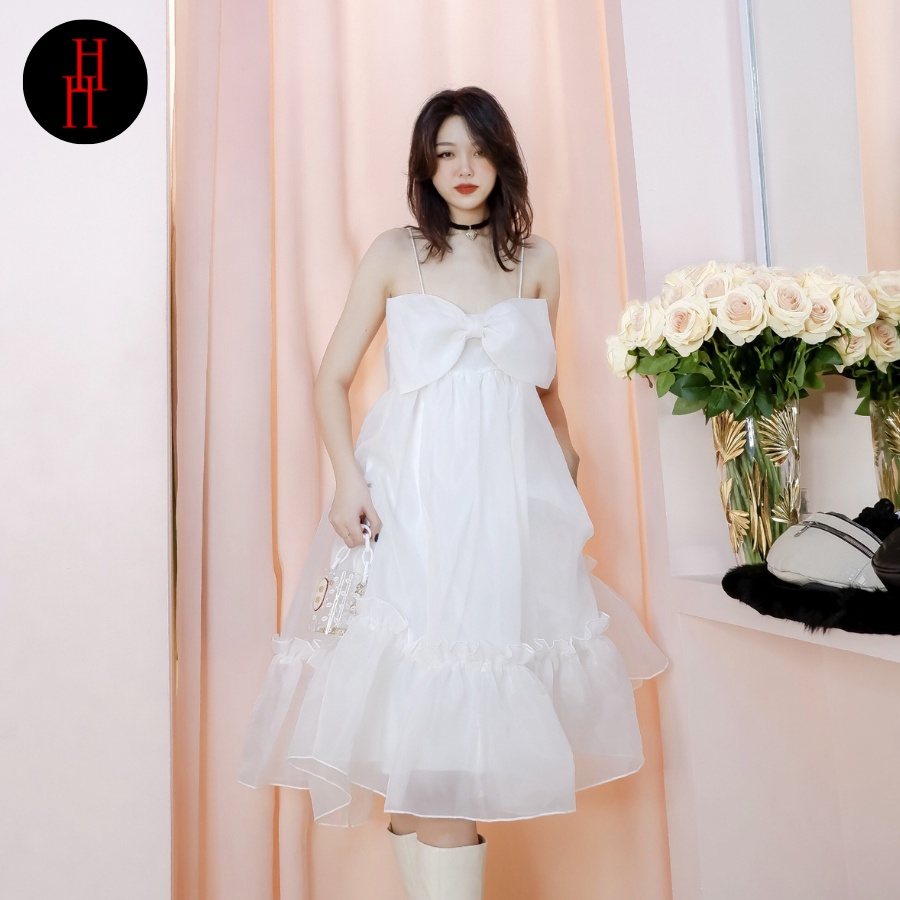 Váy HDT232 babydoll trắng hai dây nơ ngực siêu đáng yêu Hỉn Hỉn Store