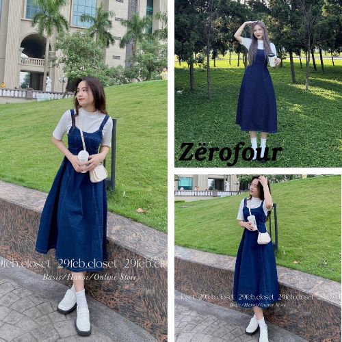 Set basic váy yếm maxi 2 dây chun lưng kèm áo croptop cộc tay thời trang hàn quốc ZEROFOUR