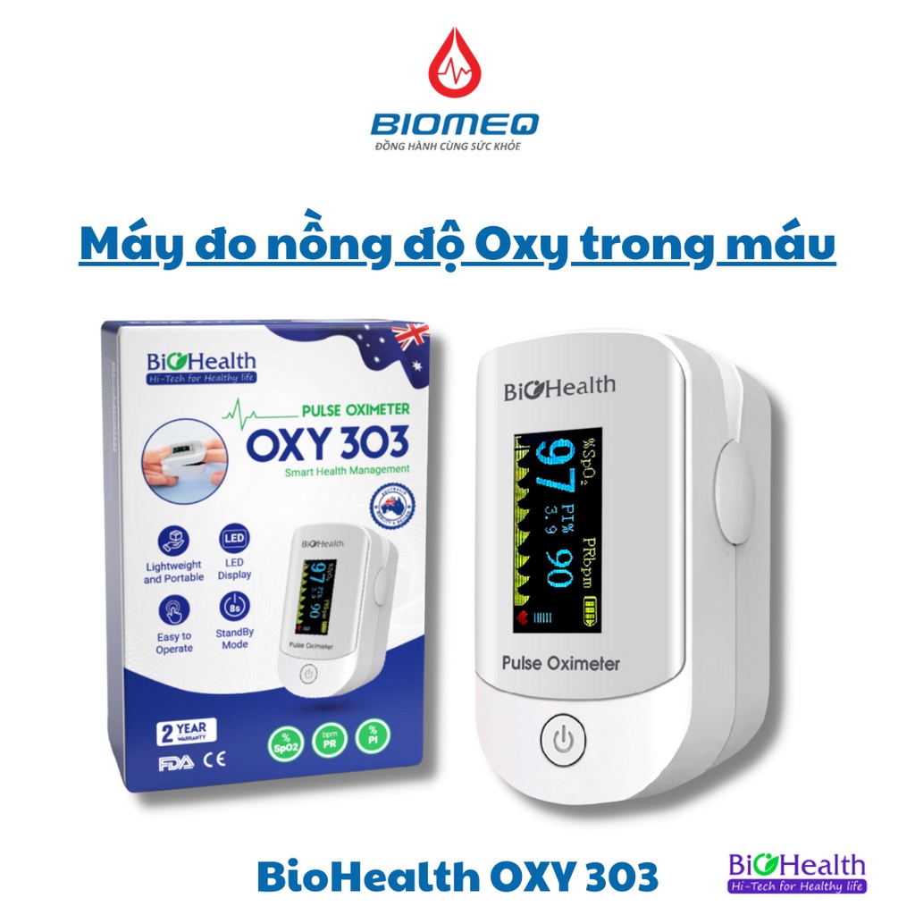 Máy đo nồng độ oxy trong máu SPO2 Biohealth OXY 303 thời gian đo nhanh chính xác, KHÔNG gây đau khi đo