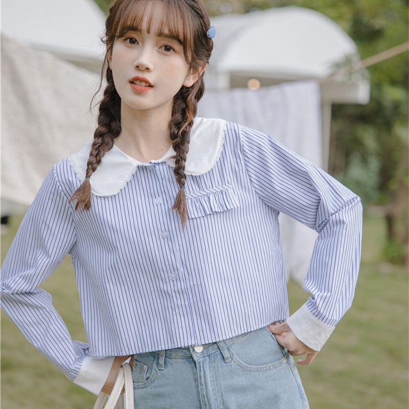 Áo Sơ Mi Croptop Dài Tay Cổ Bèo Viền Ren Phối Nắp Túi Ngực Sơ Mi Kẻ Ulzzang Thời Trang Sugal TOP NU 069V2