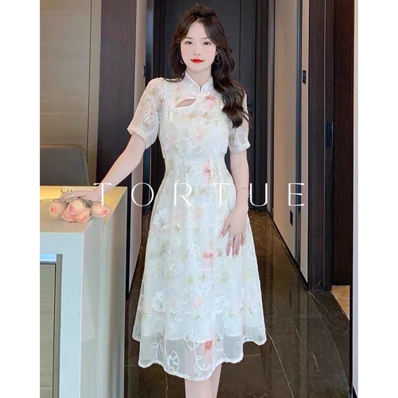 V094 Đầm váy sườn sám áo dài cách tân thêu hoa thanh lịch phong cách cổ điển Retro Vintage Taobao mới 2022