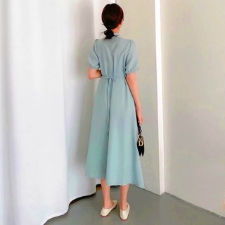 Đầm sơ mi basic tay bo cột eo màu trắng mint xanh biển