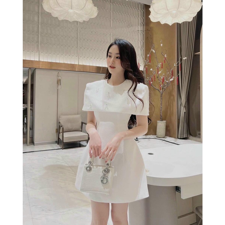 Váy đầm nữ đi tiệc , dạo phố cổ áo đính đá phong cách thanh lịch sang trọng 2 màu đen và trắng A91