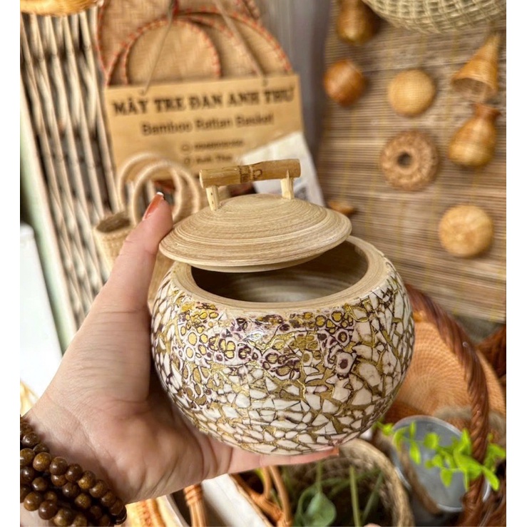 Hộp tre tròn có nắp mạ khảm trai, hộp tre đựng đồ, hộp tre decor  shop mây tre đan Anh Thư