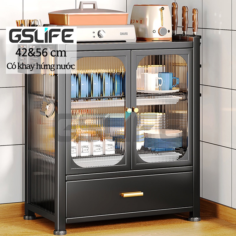 GSlife Kệ Tủ Để Đồ có Khay Hứng Nước-Kệ Bát Đĩa,Thép Carbon Đen,Có Tủ & Ngăn Kéo,Tiện Lợi