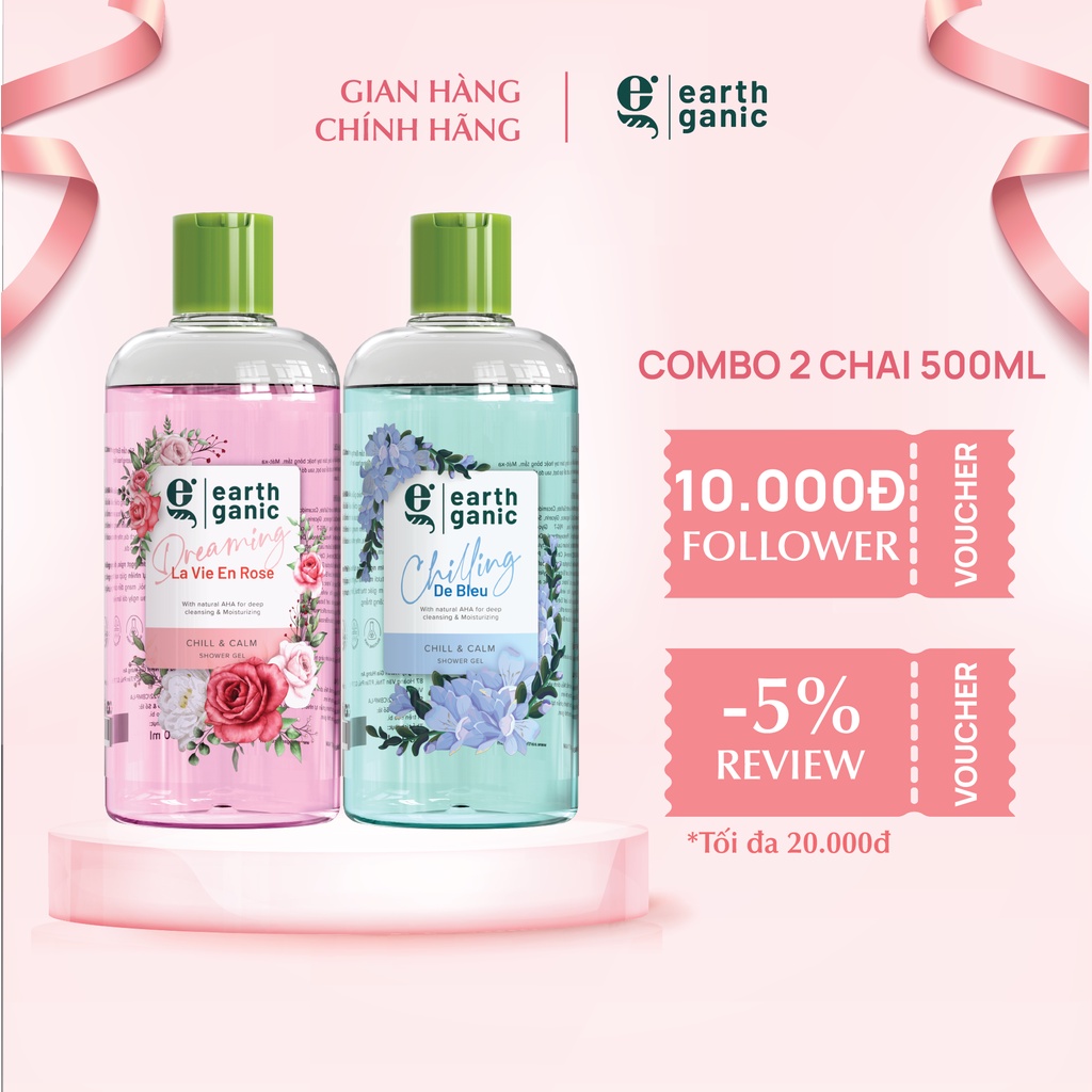 Combo 2 Sữa Tắm Dưỡng Ẩm Làm Sạch Sâu Hương Hoa Hồng Kết Hợp Earthganic 500ml/1 Chai