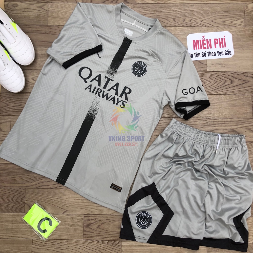 Bộ Quần Áo Bóng Đá PSG 2023 Sân Khách Màu Xám Vải Thái Có In Tên Số Theo Yêu Cầu