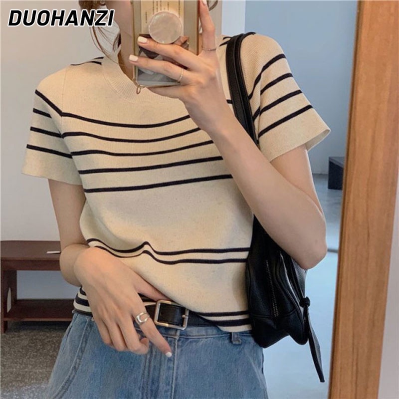 DUOHANZI Áo thun ngắn tay cổ tròn dáng rộng họa tiết kẻ sọc màu tương phản thời trang cho nữ