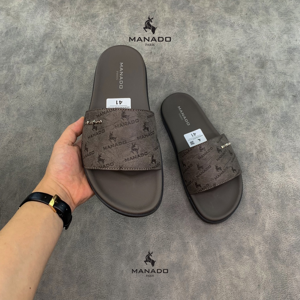 Dép da nam quai ngang cao cấp Manado Mã MND18 màu xám fullbox, quai da mềm mại, đế cao su thiết kế chắc chắn
