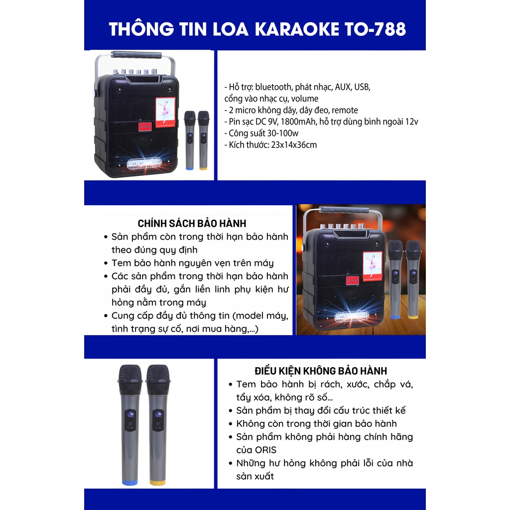 Loa karaoke bluetooth tích hợp tính năng Livestream Oriss TO-788 kèm 02 micro sóng UHF chất lượng cao - ORIS Profesional