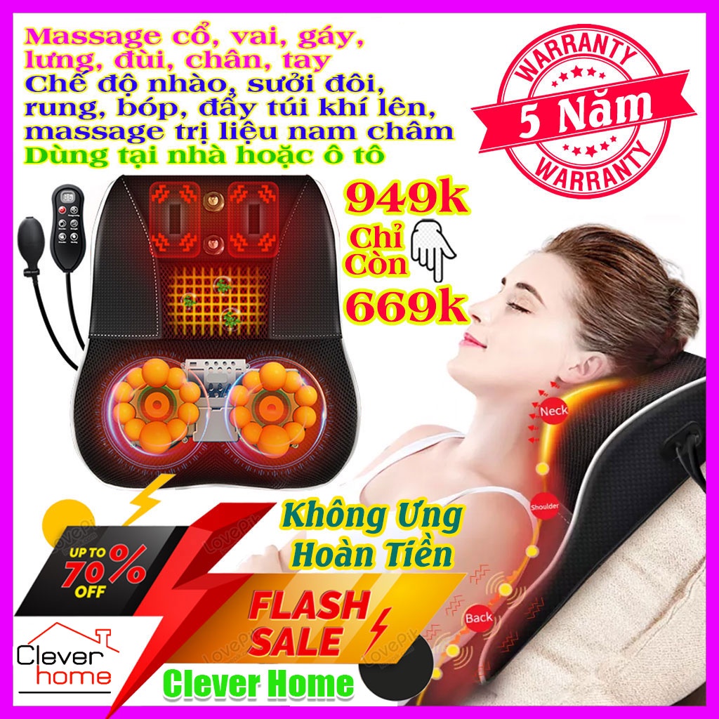 Gối massage cổ vai gáy, Máy matxa lưng hồng ngoại cao cấp 20 bi dạng nhào bóp tạo nhiệt R7 sử dụng trên xe ô tô, tại nhà