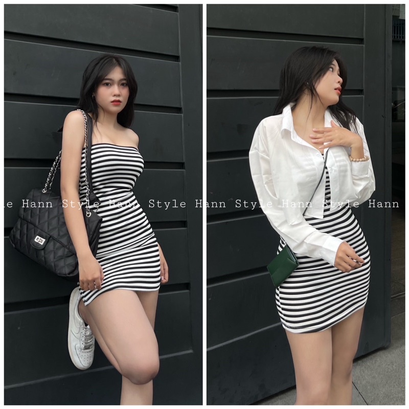 ĐẦM ỐNG SỌC NGANG ÔM BODY VÀ SƠ MI CROPTOP( ảnh thật shop tự chụp )