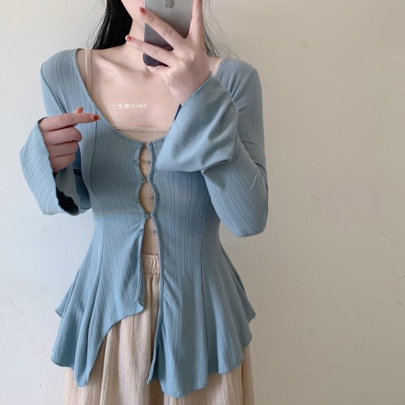 Áo Sơ Mi Tay Loe Ôm Eo Thiết Kế Bất Đối Xứng Viền Nhẹ Nhàng Phong Cách Hàn Quốc Cho Nữ