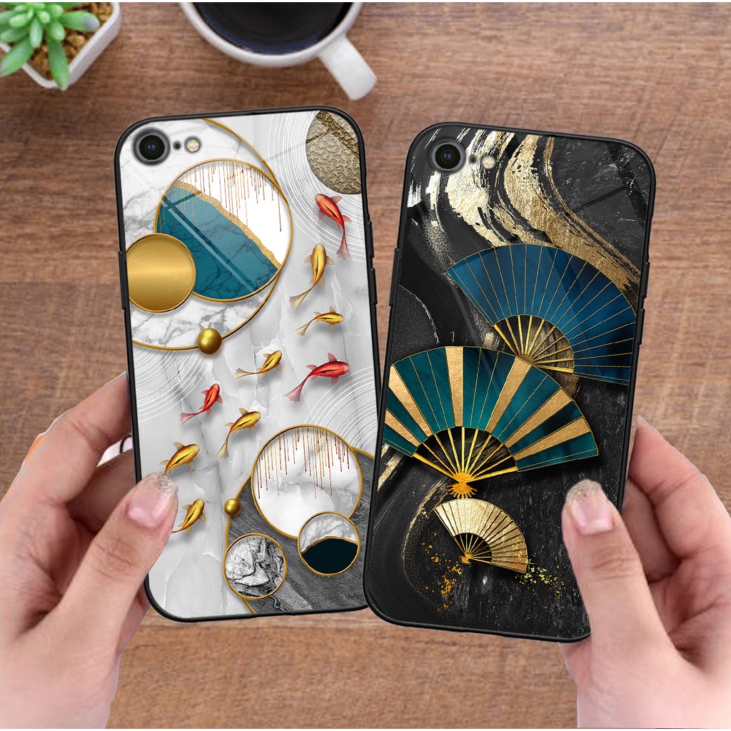 Ốp lưng kính cường lực Iphone 6/6S/6 Plus/6S Plus/7/8/7Plus/8Plus bộ hình 3D nghệ thuật mạ vàng sang trọng
