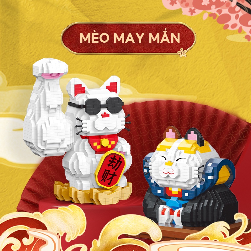 Khối Xếp Hình Mèo Thần Tài Kèm Hộp Trưng Bày Trang Trí Năm Mới