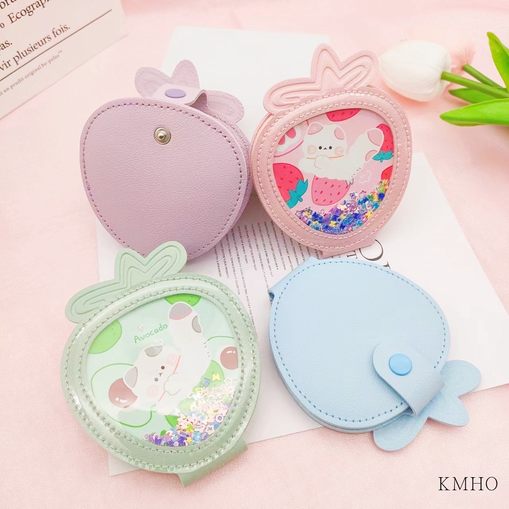 KMHO có thể gập lại Mini trang điểm gương sáng tạo cầm tay gấp PU vẻ đẹp gương sinh viên dễ thương phim hoạt hình gương