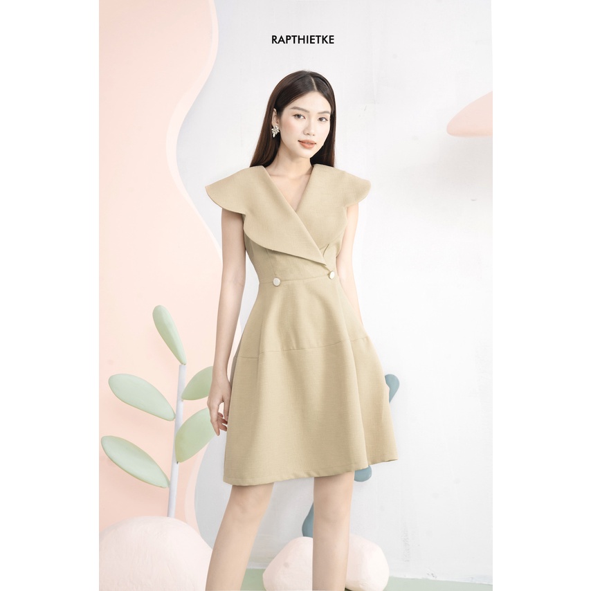 RẬP - Đầm Cổ V Chéo Đính Nút Eo Thân Xòe - MASSY 06