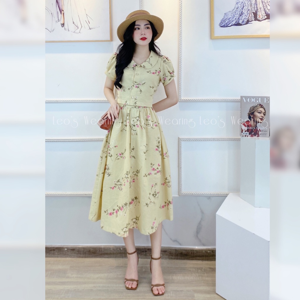 Set váy linen LEOSWEARING áo croptop sơ mi croptop cổ sen mix chân váy xòe A200