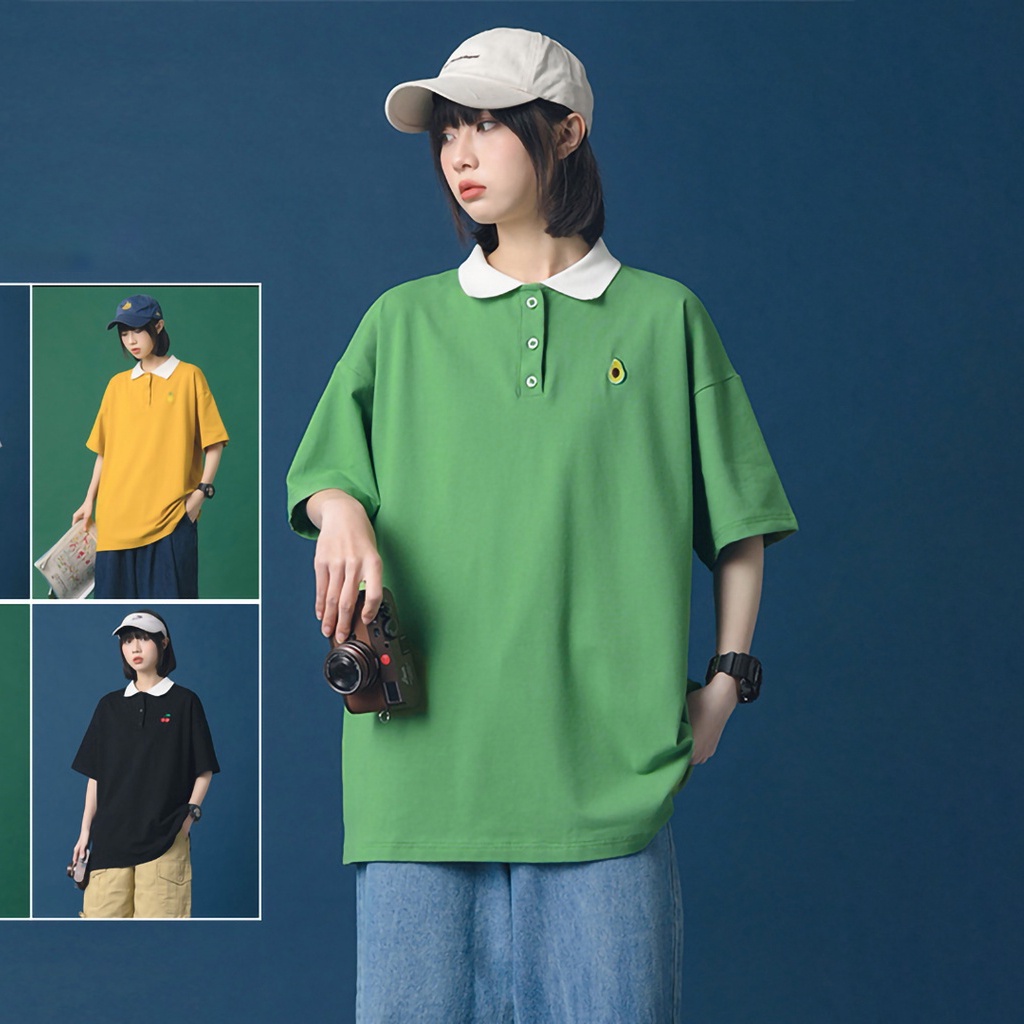 [Mua 1 tặng 1] Áo polo nam nữ form rộng Hàn Quốc unisex GINDY tay lỡ thêu họa tiết hoa quả dễ thương A012