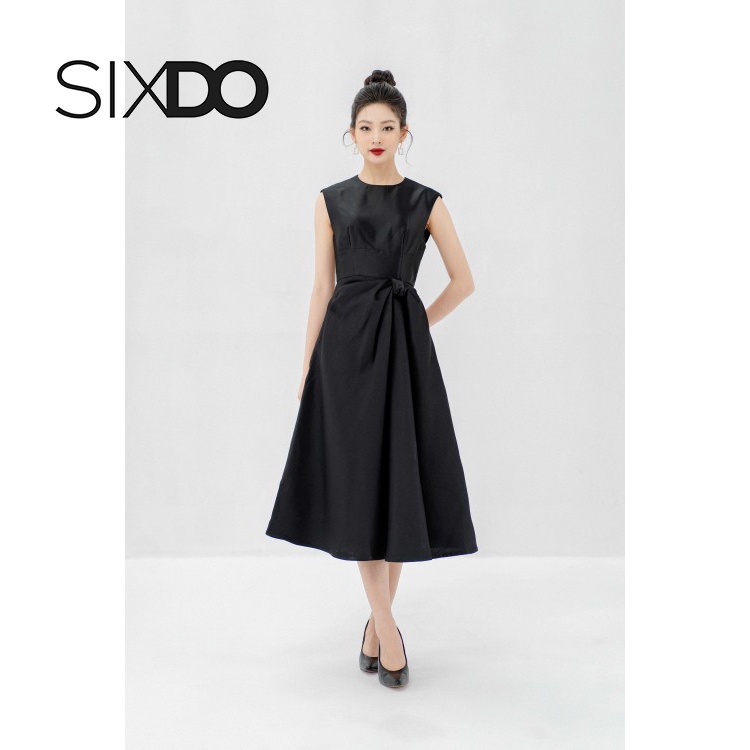Váy đầm đen không tay nhúm nơ eo thời trang SIXDO (Black Sleeveless Midi Taffeta Dress)