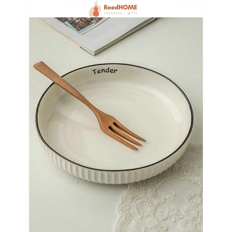 Đĩa sứ ReedHOME tráng men trắng viền đen vân nổi phong cách hiện đại