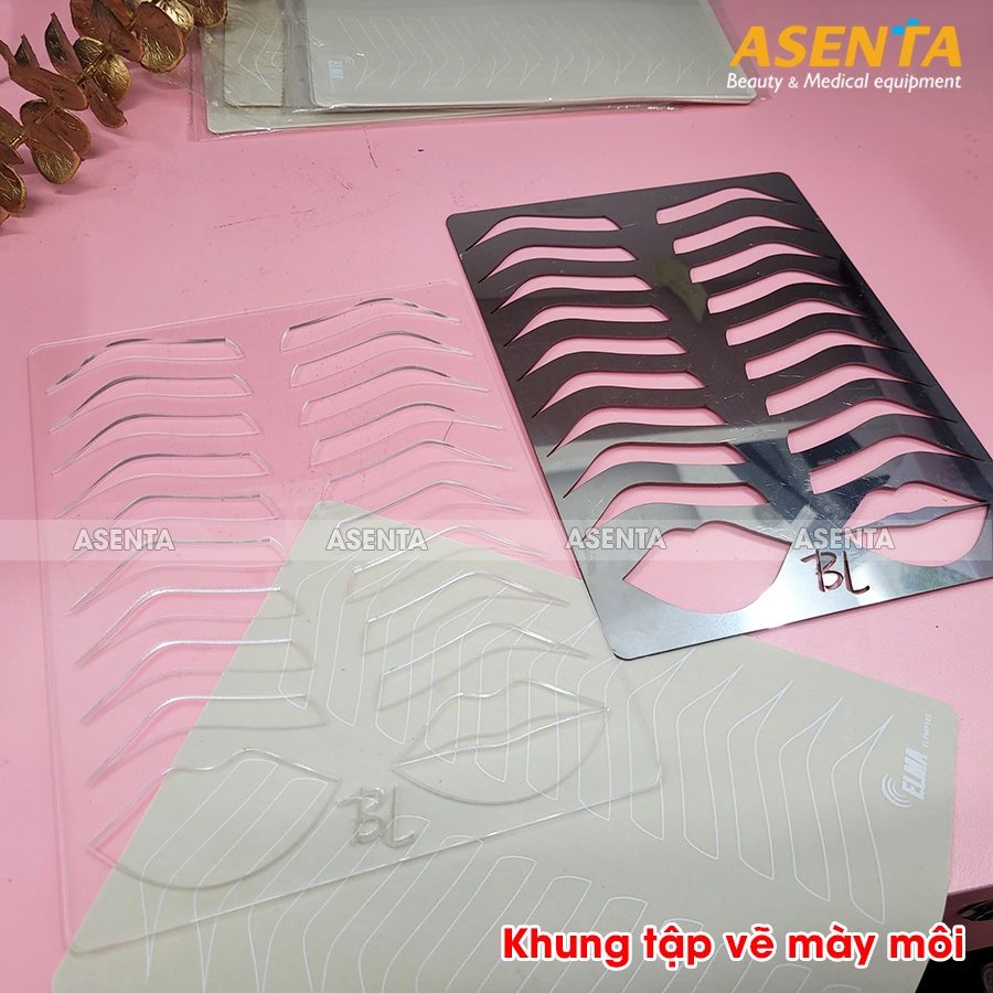 Khuôn vẽ chân mày, môi tập trên da giả, khung mày inox, khung mica