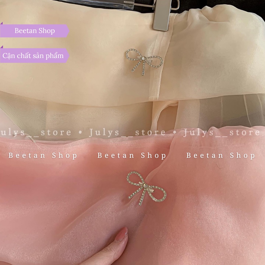 Váy trễ vai tơ kè tag nơ đá tiểu thư dài tay dáng xòe - Đầm trễ vai tơ óng D41