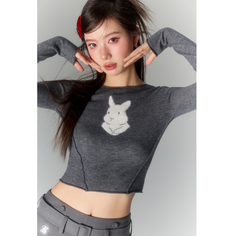 Áo Thun Ngắn Cổ Tròn Thêu Hình Thỏ Đáng Yêu