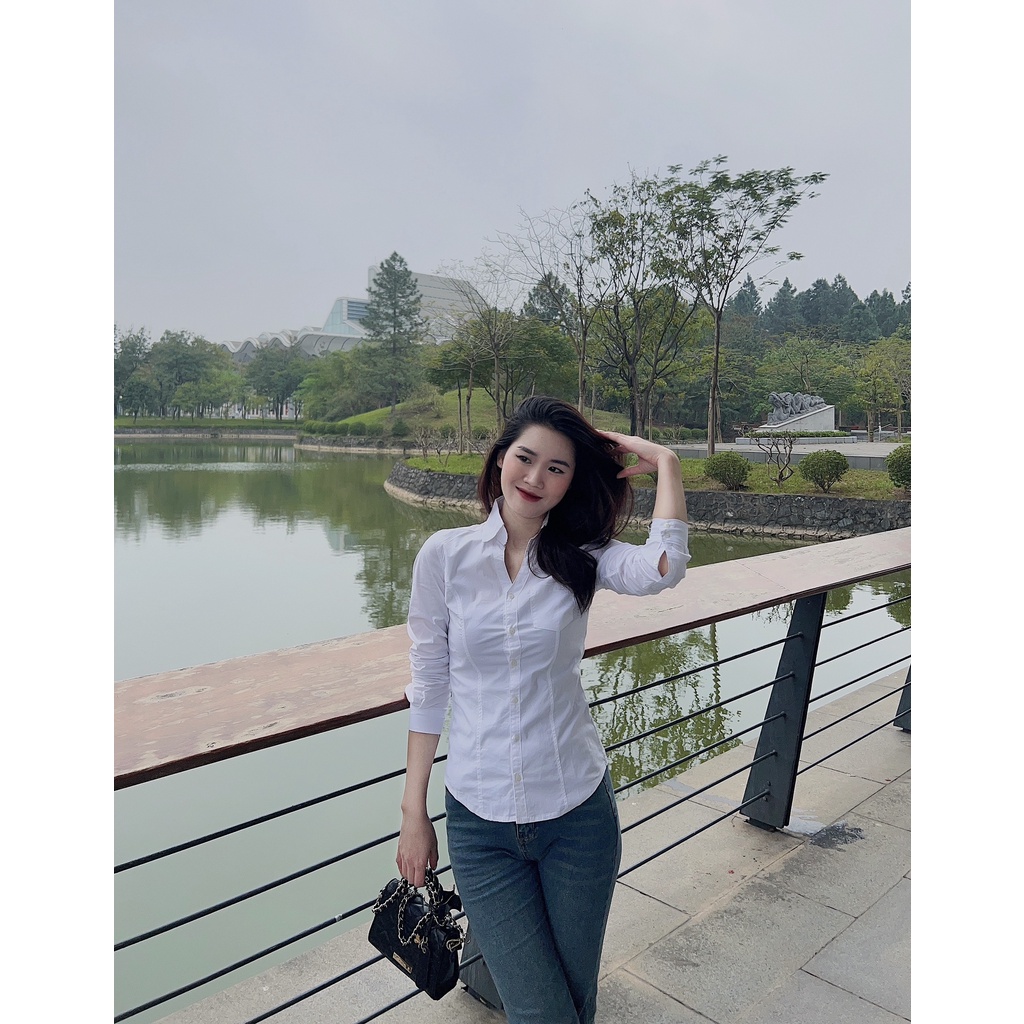Áo sơ mi trắng cotton bó co giãn nhẹ QC