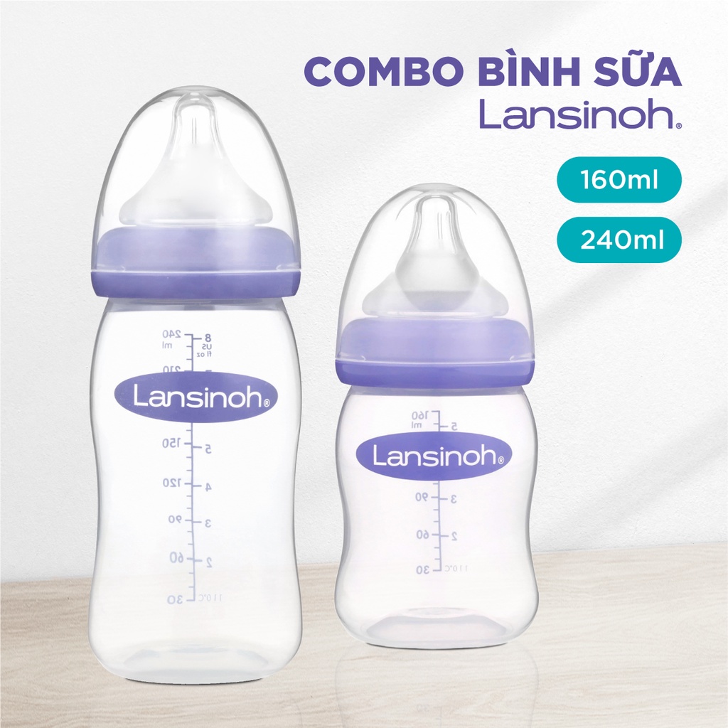 [MUA 2 BÌNH TẶNG 1 NÚM F] Combo 2 Bình Sữa Cổ Rộng Lansinoh 160ml + 240ml