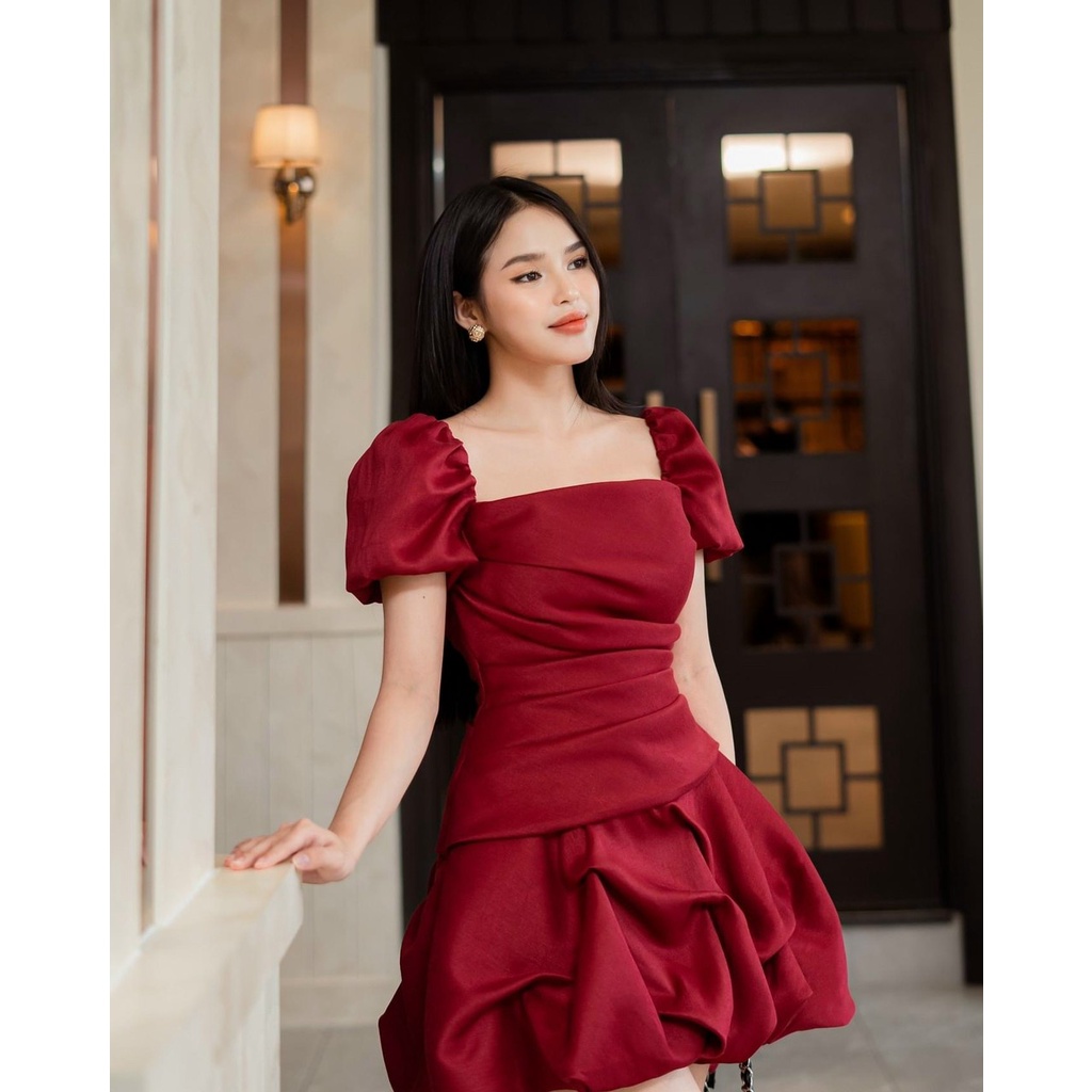 [4.4 Sales Freeship] Đầm cổ vuông tay phồng dáng xòe bồng bềnh chất tapda, đầm nữ đi tiệc chiết eo dáng ngắn quyến rũ dx