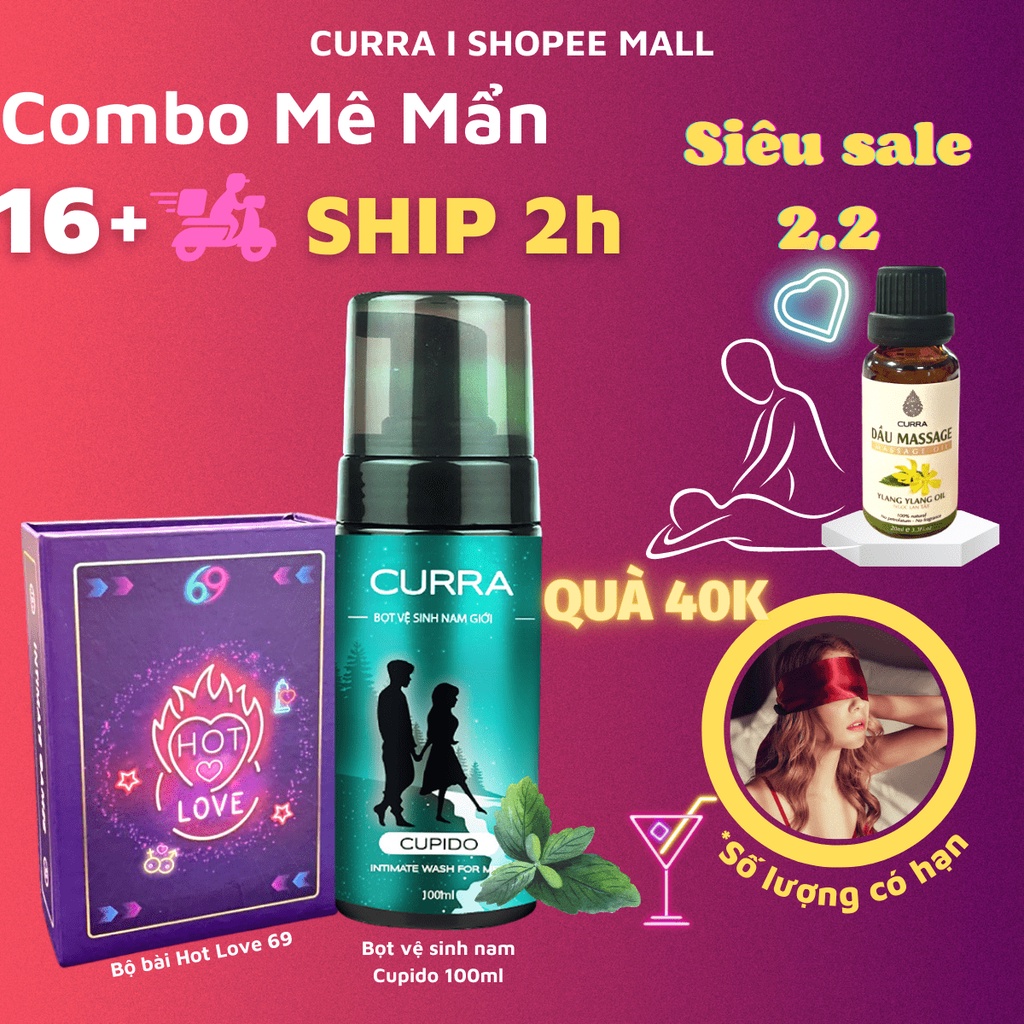 Combo Mê mẩn CURRA, bộ bài răm 69 Hot Love và bọt vệ sinh nam hương bạc hà làm thơm chuối Cupido 100ml