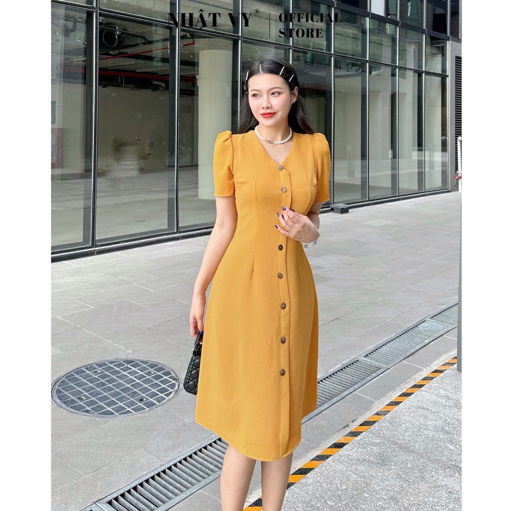 Đầm công sở Nhật Vy cổ V dáng xòe đính cúc chất xốp lendy phù hợp đi chơi dạo phố sang chảnh - D2666