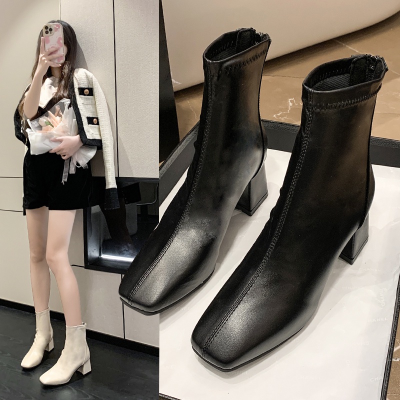 Martin boots nữ Anh Phong Cách 2023 mùa hè mỏng đầu vuông thô và giày ngắn ins Xuân Thu giày cao gót gầy