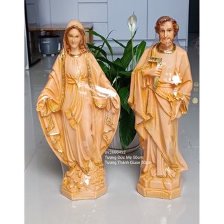 Bộ 2 tượng Đức Mẹ Ban Ơn và Thánh Giuse 50cm nhựa composite màu nâu vàng dát vàng viền áo mẫu mới