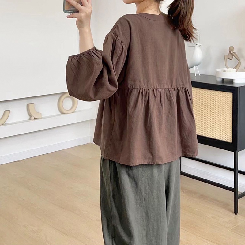 Áo sơ mi KAMAKA linen dài tay cổ V kiểu bo tay - NU8458