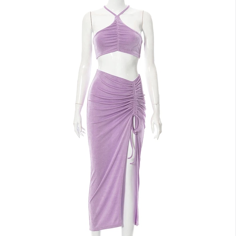 Set Đồ 2 Món Gồm Áo Croptop Cổ Chéo Màu Trơn + Chân Váy Dây Rút Xẻ Tà Thời Trang Cho Nữ CY03