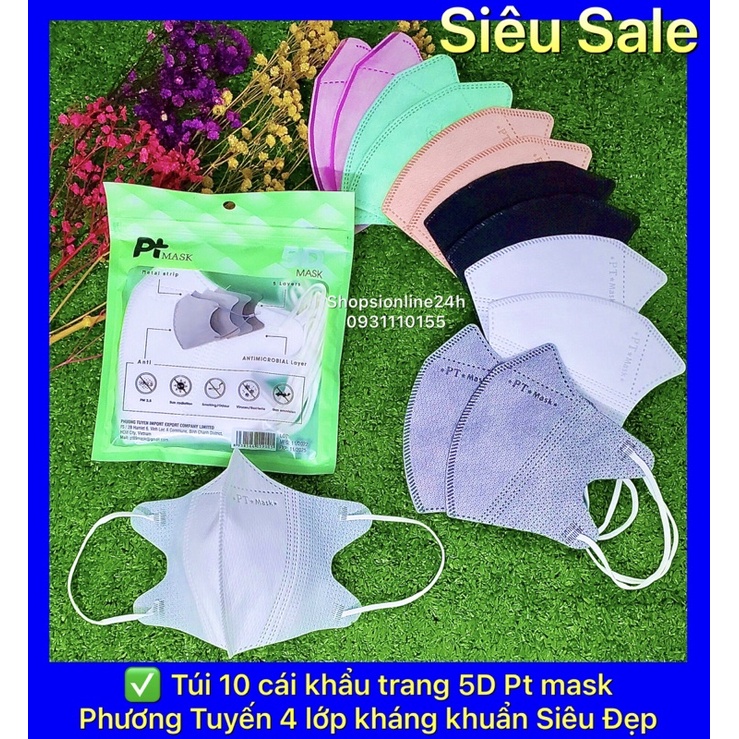 ✅ Túi 10 cái khẩu trang 5D Phương Tuyến Pt mask 4 lớp kháng khuẩn chính hãng