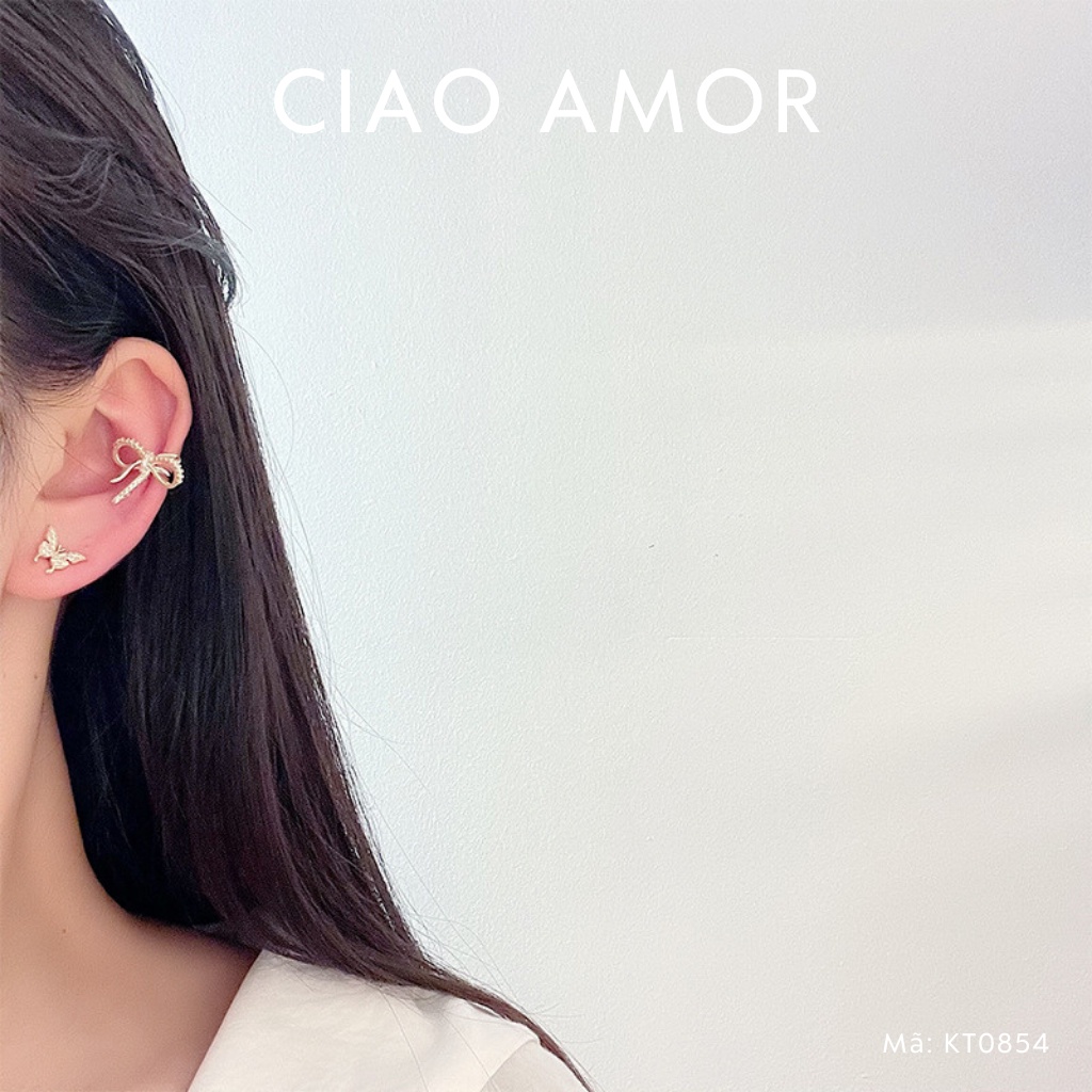 Khuyên tai nữ, Bông tai kẹp vành nơ đá ngắn Trang sức Ciao Amor - KT0854