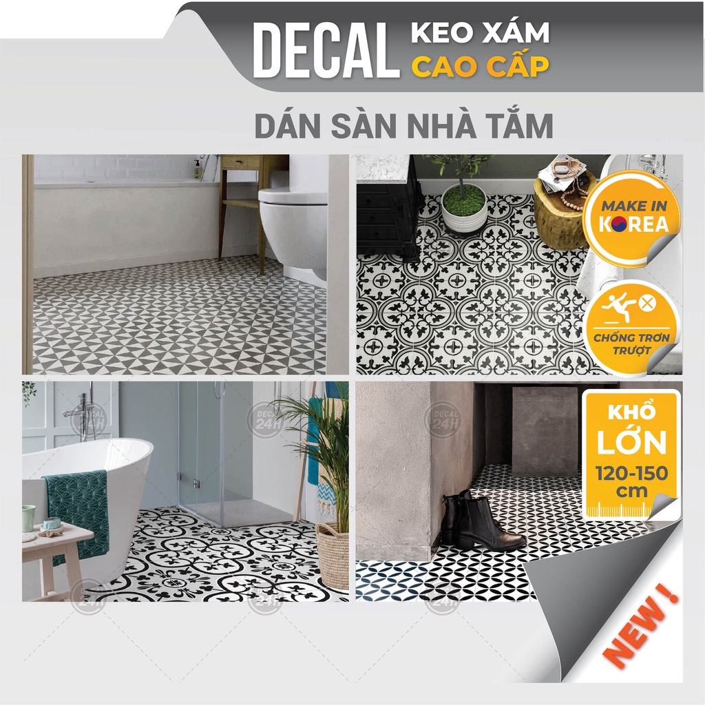 Decal Dán Sàn Phòng Tắm Chuyên Dụng Keo XÁM Cao Cấp, Decal Gạch Bông Made in KOREA, Size lớn 120-150cm,Chống trơn trượt