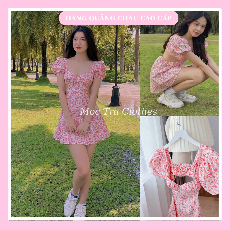 Đầm hoa nhí hồng Quảng Châu thiết kế dáng ngắn xòe nhẹ hở eo tiểu thư siêu xinh, Váy dự tiệc nữ rẻ đẹp sang trọng