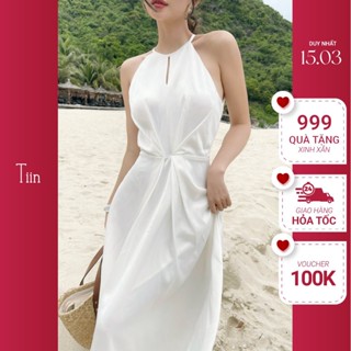 Váy yếm cổ viền thân xếp ly TIINSTORE  V0D535