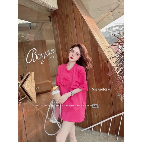 Áo phông màu hồng chữ ICE in nổi hàng QC dáng rộng chuẩn hot girl loại 1 - hàng có sẵn