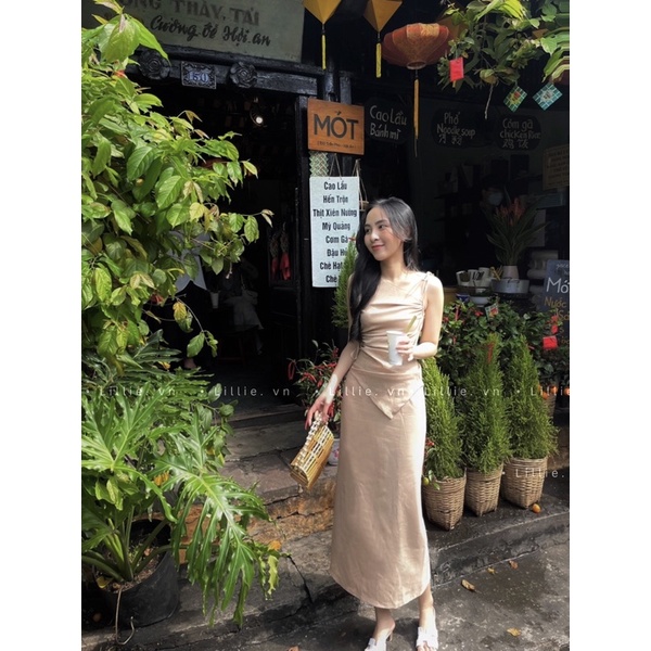 LILLIE | Set váy Beige rút dây eo