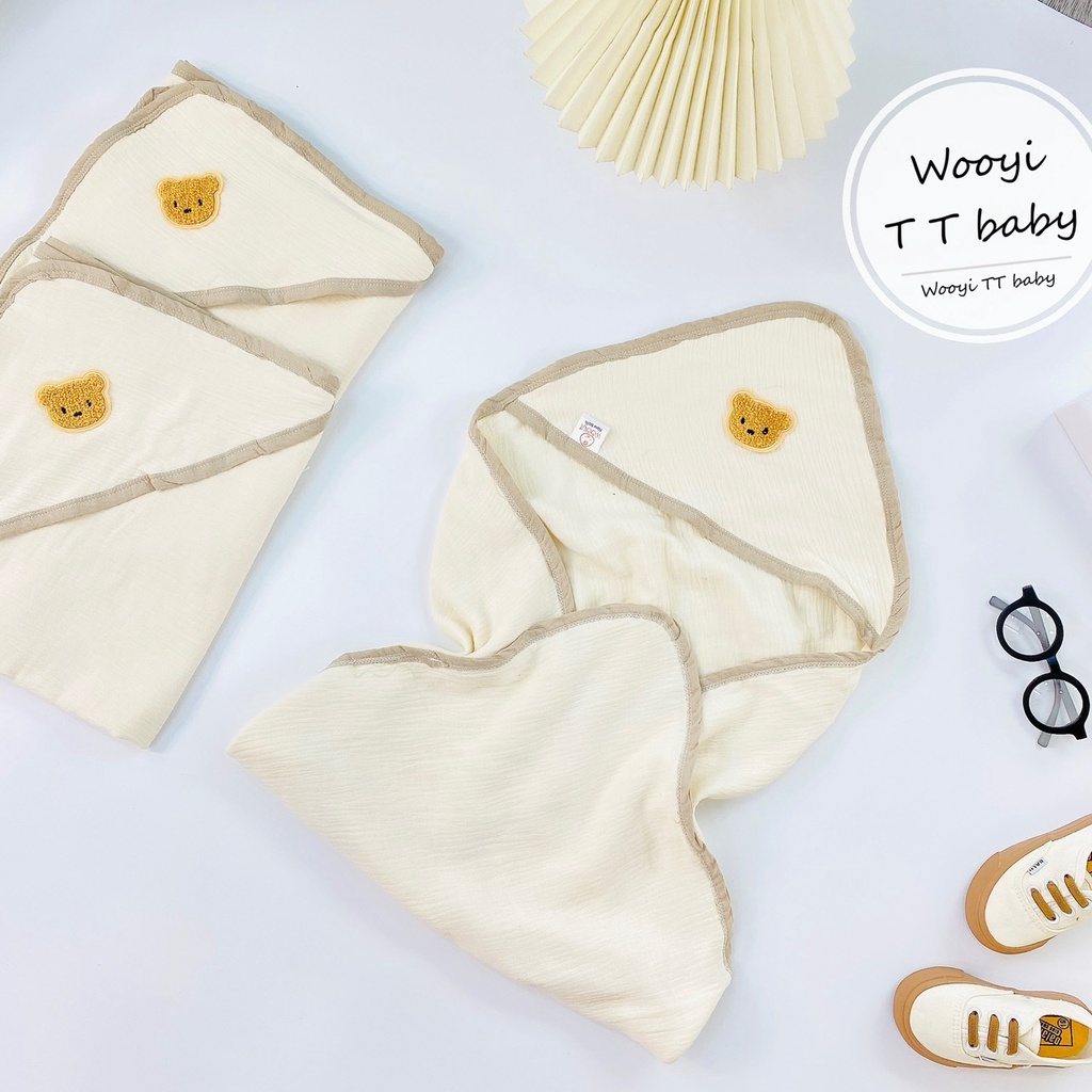 Ủ choàng cho bé sơ sinh - ủ Xô Muslin gắn gấu bông xù Wooyi