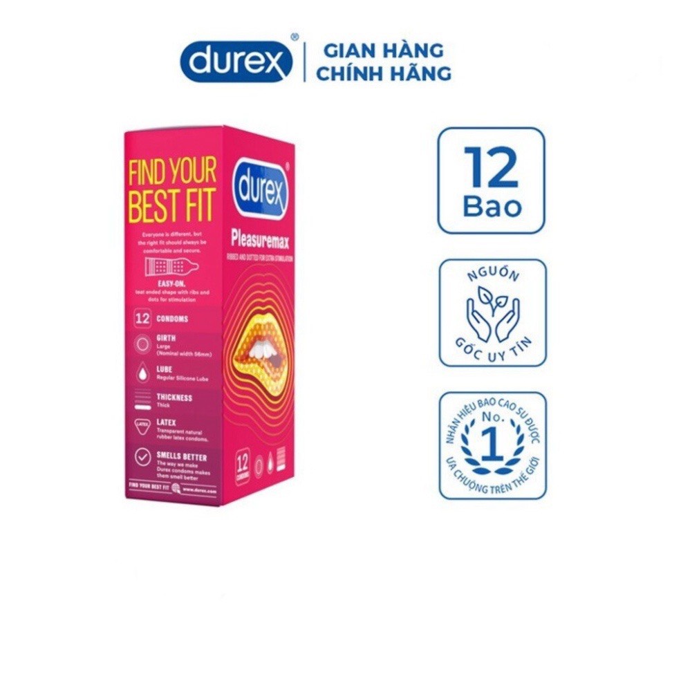 Bao cao su Durex Plesuremax - Gân gai nổi, ôm bó sát nhiều gel bôi trơn - Hộp 3 - 12 cái
