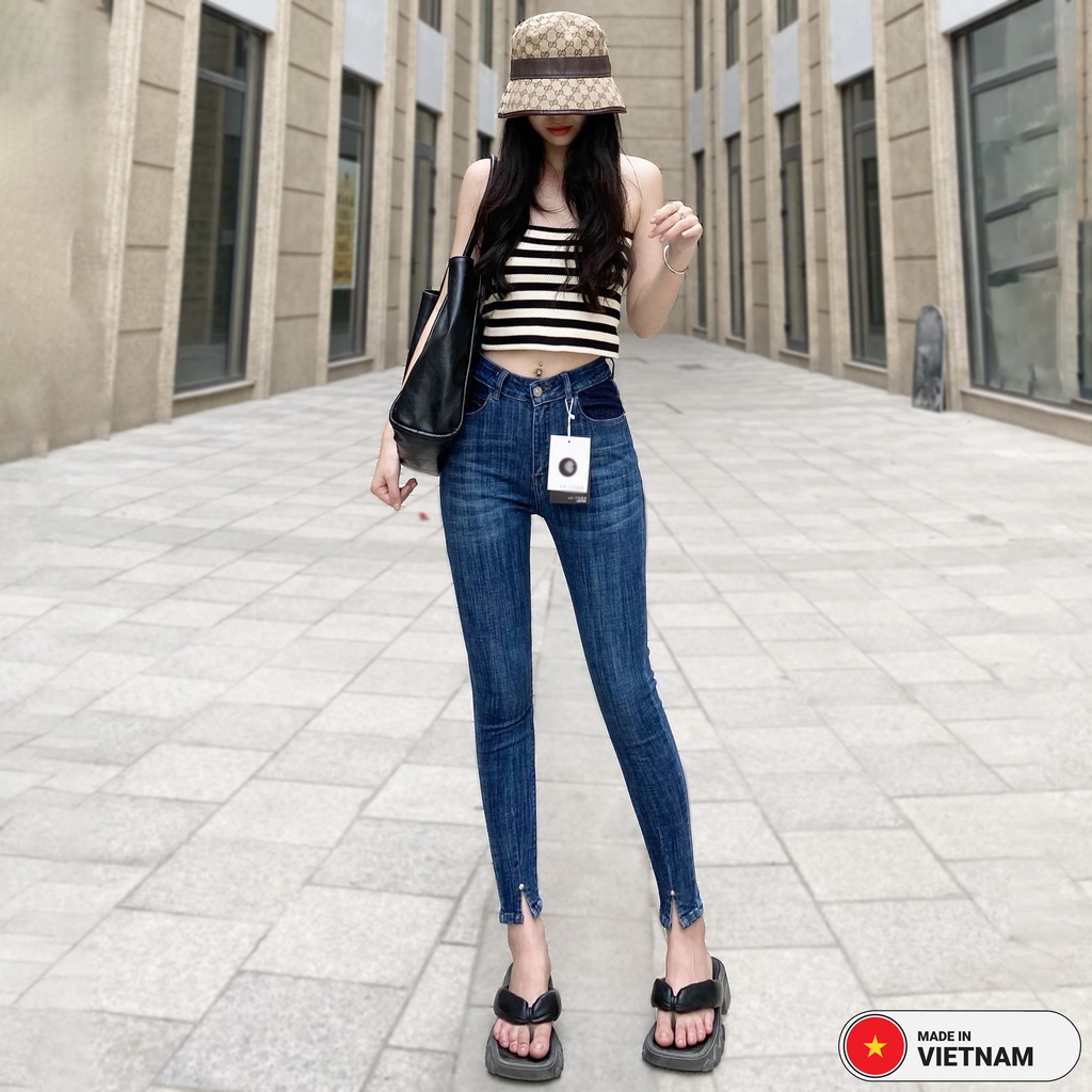 Quần skinny jean nữ, Quần bò bó basic lưng cao gấu xẻ RA17, REDRIBBON ARMY