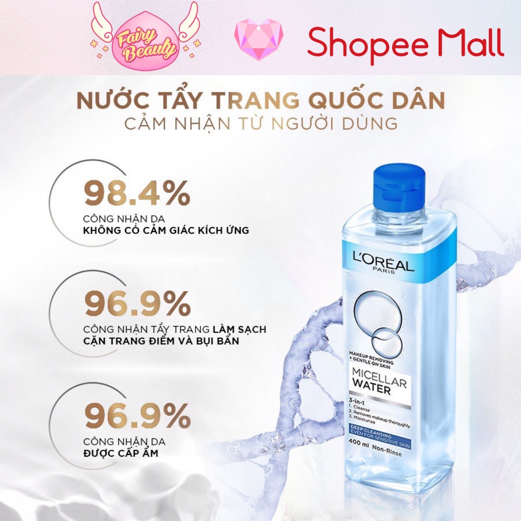 [L'OREAL PARIS] Nước Tẩy Trang Cho Da Dầu Nhạy Cảm Làm Sạch Sâu Tươi Mát Micellar Water 3-in-1 Refreshing 400/95/30ml